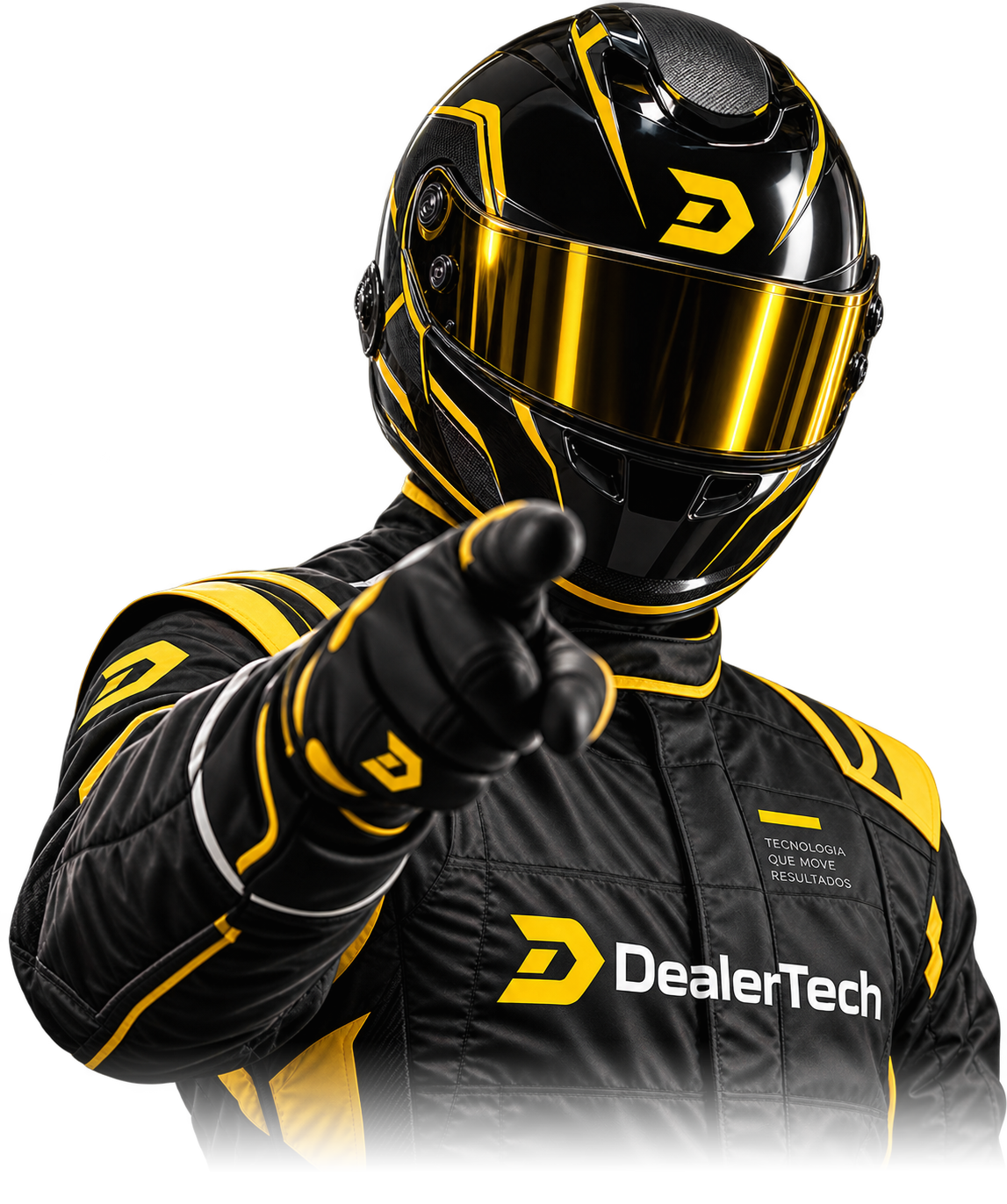 Profissional DealerTech com traje preto e amarelo